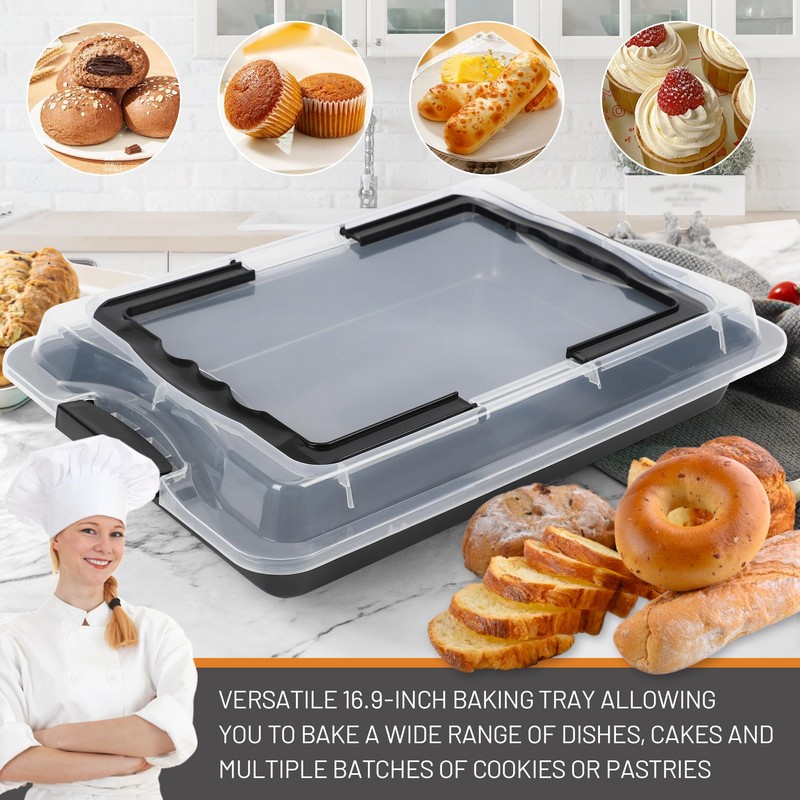 Spmarkt Ceramic-Coated Non-Stick Baking Pan with Carry Lid, 15inchx10inch Rectangular