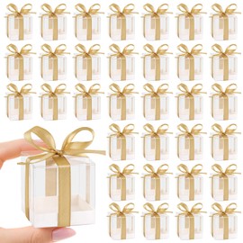 Hxezoc 50 Pack Favor Boxes 2x2x2 Inches Clear Candy Treat Boxes with Gold Ribbons, Mini Plastic Gift Boxes for Wedding, Birthday Party, Baby Shower, Classroom Decoration Supplies