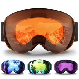 Kids Ski Goggles, eDriveTech Anti Fog Snow Snowboard Goggles for Kids Youth Boys Girls Junior Magnetic Interchangeable Lens Over Glasses Spherical Mirrored Lens Frameless OTG (Black Frame/Orange Lens)