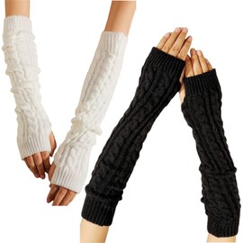 Clothirily Arm Warmers, Women's Winter Long Fingerless Gloves Knit Mitten Gloves Arm Sleeves for Women with Thumb Hole (Black+White)