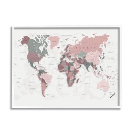 Stupell Industries World Map Patterned Waters Monochromatic Pink Regions, Designed by Urban Epiphany White Framed Wall Art, 11 x 14, Red