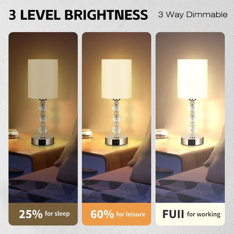 Clora Touch Bedside Crystal Lamp for Bedrooms Nightstand with USB