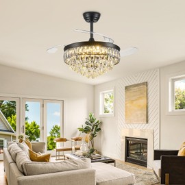 42'' Chandelier Ceiling Fan with Lights, Retractable Fan with Remote and APP, Crystal Fandelier Ceiling Fan, Dimmable LED, Reversible Motor, Quiet for Bedroom Living Room-Black