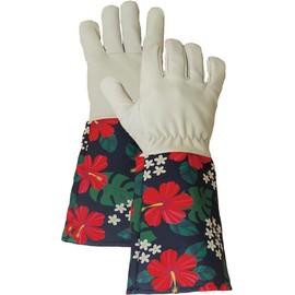 Garden Works Hibiscus Leather Gloves Gauntlet Length, Medium, Multicolor