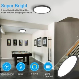 NCBNCB 9 Inch LED Flush Mount Ceiling Light Fixture, 3500K/4500K/6000K Wall Switch Adjustable Ceiling Light,1800LM Ultra Thin Black Round Lamp,18W Ceiling Lamp for Bedroom Kitchen Bathroom Living Room