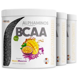 BCAA Powder 3 x 300 g Mango-Maracuja – Test Winner – Alphaminos BCAA 2:1:1 – The Original from ProFuel – Essential BCAA Amino Acids – Incredibly Delicious Taste – 100% Vegan – Top Solubility