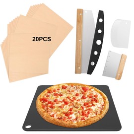 Hisencn 5pcs Pizza Steel Set for Oven and Grill, 16" Square Ceramic Pizza Steel (OAK), Pizza Cutter & With Pizza Cutter Rocker, Measuring Scale Scraper, Plastic Cutter & 20 PCS Cooking Paper