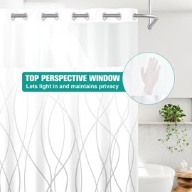 LXBNI No Hook Ombre Grey White Striped Shower Curtain with Snap in Fabric Liner Set - Hotel Shower Curtain and Liner Set with See Through Mesh Top Window,Machine Washable, 71x74 INCH