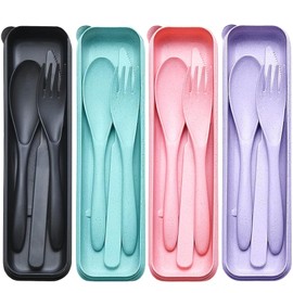 Reusable Travel Utensils Set with Case 4 Sets Wheat Straw Portable Knife Fork Spoons Camping Cutlery for Lunch Box Eco-Friendly BPA Free Tableware for Kids Adults Work Picnic or Daily Use (4 colors)