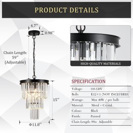 Black Crystal Pendant Light for Kitchen Island,Mini Crystal Chandeliers Modern for Dining Room,3 Tiers K9 Ceiling Pendant Light Fixture for Hallway Bedroom Closet