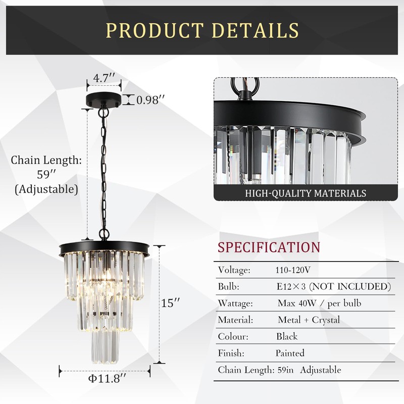 Black Crystal Pendant Light for Kitchen Island,Mini Crystal Chandeliers Modern