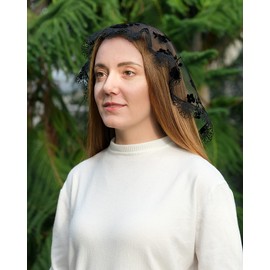 Mantveil 2 Packs Catholic Church Head Covering Floral Lace Mantilla Chapel Cap Veil Round Mass Veil (White+Black)