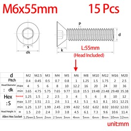 M6-1.0 x 55mm Flat Head Socket Cap Screws Bolts, Stainless Steel 18-8 (304), Bright Finish, Allen Socket Drive,Machine Screws Inner Hex Screw Fasteners Bolts 15 Pcs
