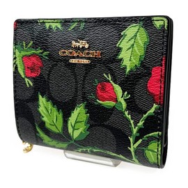 Coach CC858 Wallet Bi-Fold Wallet Compact Wallet Mini Wallet Snap Wallet Signature Canvas Fairy Tail Rose Print Floral Pattern Rose Pattern IM/GRAPHITE/RED MULTI Graphite Red Multi IMUQ4 Women's