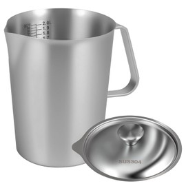 2L Stainless Steel Milk Frothing Jug with Handle and Lid Rust Proof Large Mouth Metal Graduated Beaker with Clear Marking(silver-1-Say)