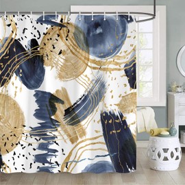 Abstract Blue Gold Shower Curtain, Boho Aesthetic Unique Modern Minimalist Simple Bathtub Curtains Decor for Bathroom Set, Washable Fabric Cloth Waterproof with 12 Hooks, 72x72 Inch