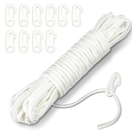 Adiwo 15M Flag Pole Rope with 10 PCS Flag Pole Clips, 6MM Thick Nylon Flag Rope, White Flag Line, Flag Pole Halyard Rope Kit for Outdoor, Swing, Garden, Camping(White)