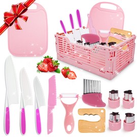 Kids Kitchen Knife Set for Real Cooking & Basket, Easter Basket Stuffers Gifts for Kids,Montessori Toys for 3 4 5 6 7 8 9 10 Year Old Girls Birthday Gifts, Toddler Knife Set, Toddler Kitchen Tools
