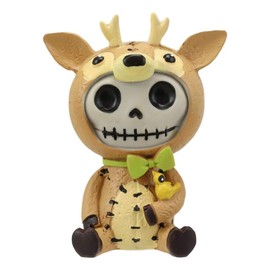 Ebros Furry Bones Christmas Jolly Greetings John The Reindeer Skeleton Figurine 2.75" H North Pole Furrybones with Green Bowtie Ribbon and Bird Costume Hooded Skull Monster Collectible Sculpture