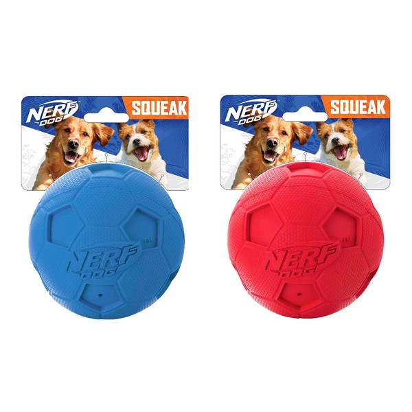 Nerf Dog (2 Pack Soccer Squeaky Ball Dog Toy, Red/Blue, Small