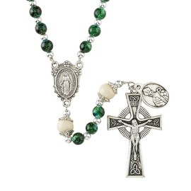 Irish Catholic Rosary, Green Glass Beads with Celtic Crucifix, St. Patrick Medal, 15.5 inches