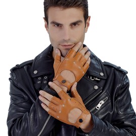 GSG Mens Fingerless Leather Gloves Driving Cycling Motorcycle Half Gloves Unlined 10.5 Brown