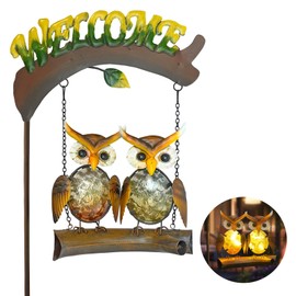 HONGLAND Solar Lights Outdoor Decor, Owl Swing Garden Decor, Owl Gifts for Women Mom, Whimsical Garden Lights Outdoor Decorations with Welcome Sign for Outside Patio Yard Lawn Decor