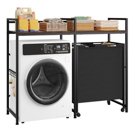 DWVO Over Washer and Dryer Shelves, Laundry Basket with Wheels 68.7 Gal. (262 L), Rolling Laundry Hamper with Shelf/Hooks, Over Washer Storage Portable Laundry Cart Bathroom Organization, Black