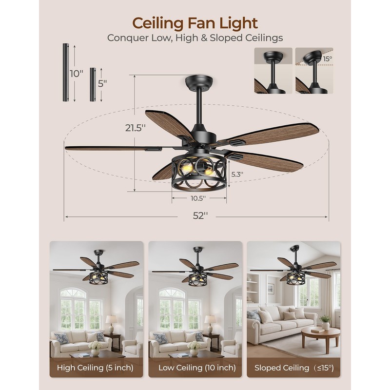 Ceiling Fans with Lights and Remote, 52'' Vintage Caged Ceiling