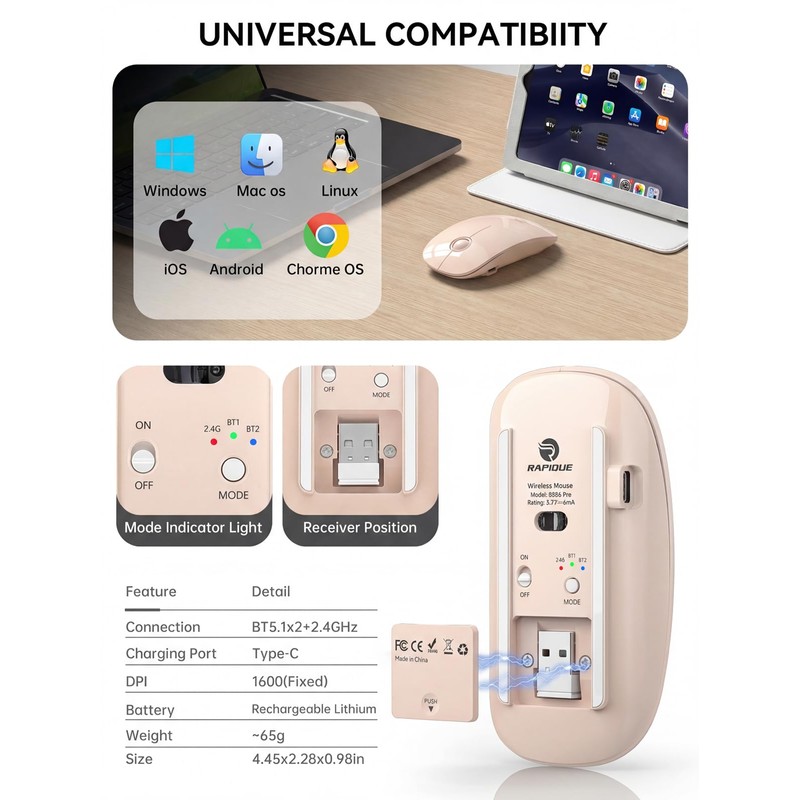 RAPIQUE Slim Wireless Mouse, Bluetooth & 2.4GHz, Rechargeable, Beige
