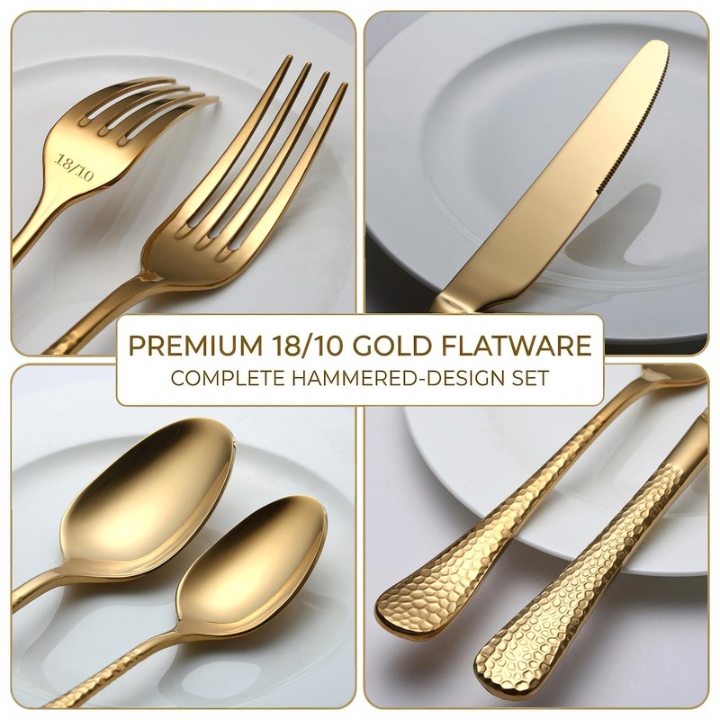 45-Piece Hammered Gold Flatware Set for 8,Premium 18/10 Stainless Steel