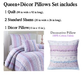 Cozy Line Home Fashions Shabby Chic Romantic Lace Purple Blue Floral Cotton Bedding Quilt Set, Reversible Coverlet, Bedspread (Lavender, Queen-4 Piece: 1 Quilt+2 Shams+1 Decor Pillow)