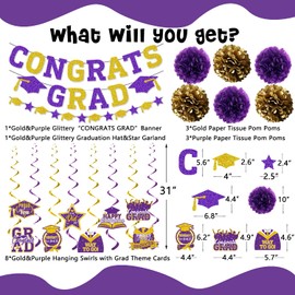 2025 Graduation Decorations, Purple and Gold Glitter Congrats Grad Banner, Grad Garland, Hanging Swirls, Paper Pom Poms for Class of 2025 Graduation Party Decorations