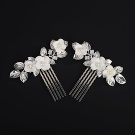 BERYUAN Vintage Leaf Flowers Hair Side Comb Silver Leaf Flowers Pearls Hair Comb for Wedding Silver Handmade Headpiece for Wedding Wedding Hair Accessories for Women Girls for Bride(2pcs)
