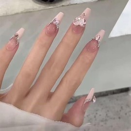 Magrace Handmade Press on Nails Medium Blue Fake Nails Long Coffin Stick on Nails for Womrn Gel UV Finish Handmade Nail Art with Design 10 pcs