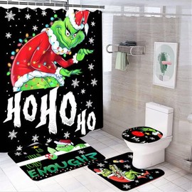 Merry Christmas Bathroom 4-Piece Set, Shower Curtain, Non-Slip Rug, Toilet Seat Cover and Bath Mat Christmas Holiday Bathroom Decor with Hooks 72 x 72 inches (Style 1)