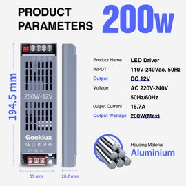 GEEKLUX LED Power Supply Transformer 12 V Dimmable 200 W, LED Transformer 220 230 Volt AC to 24 Volt DC, LED Driver No Noise, No Flicker, Super Heat Dissipation, Compact Extremely Thin