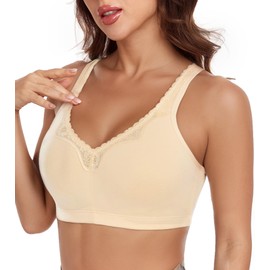 Lemorosy Comfort Cotton Bra for Women Wirefree Full Coverage Plus Size Lace Unpadded Soft Bra(46C, Beige)