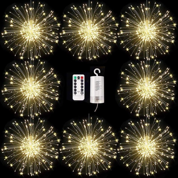 8 Pack Firework Lights 120 LED Copper Wire Starburst Lights, 8 Modes Dimmable String LED Lights with Remote Control,Waterproof Hanging Fairy Lights for Party,Home,Christmas,Garden Outdoor Decoration