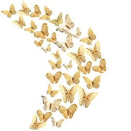 36Pcs Gold 3D Butterfly Wall Stickers， Metallic Art Sticker ，Butterfly Wall Decals for Home Decor Butterflies Fridge Sticker Room Decoration Party Wedding Décor