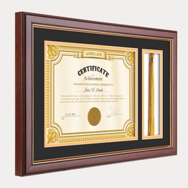 euwazram 11x17.5 Cherry Finish Solid Wood Diploma Frame – Holds 8.5x11 Certificate with Tassel and Photo Holder, Black with Gold Mat, Graduation Gift for Him or Her