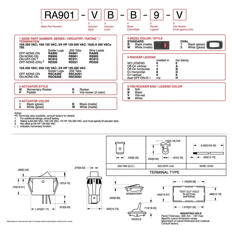 Carling Technologies RA901-VB-B-9-V X4 Switch, Rocker, Spst, 16A, 250V, Black