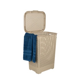 Superio Laundry Hamper Basket With Easy Open Lid 60 Liter Beige, Large Wicker Hamper, Dirty Cloths Storage With Two Cutout Handles, Laundry Room Bin