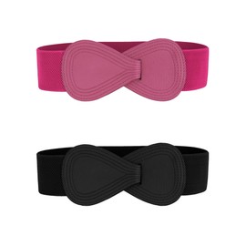 Allegra K 2Pcs Plus Size Interlock 8-shaped Faux Leather Buckle Elastic Waist Belt for Lady Black & Hot Pink 85x6cm/33.5x2.36(LxW)