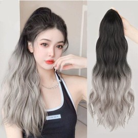 Ponytail Hair Women Clip On Gradient Ponytail Hair Extensions Curly Hair Long Wig Clip In Wig Hair Curl Long Ponytail Easy Extensions Clip On Natural (Light Grey Grade)