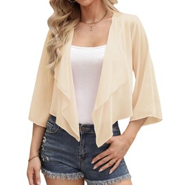 Aottori Women's Bolero Chiffon Bolero Jacket Elegant Summer Cardigan Short Lightweight Shoulder Jacket Festive Shrug Transparent Bed Jacket with 3/4 Sleeves, champagne, L