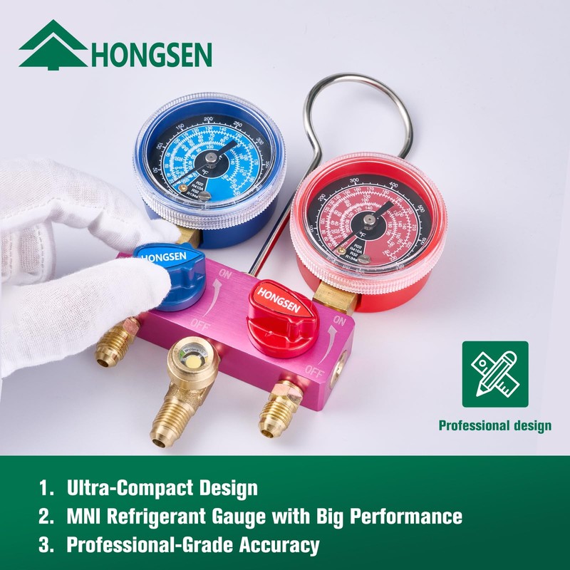 Hongsen HM2-SM-02-A Mini HVAC Manifold Gauge Set with 5FT Black