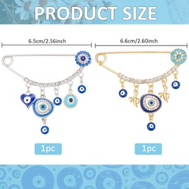 WEBEEDY 2 Styles Evil Eye Brooch Pins Rhinestone Safety Pins Alloy Lapel Pins for Women Men, Decorative Pins for Clothing Suit Dress Sweater Anniversary Evil Eye Gift for Good Luck, Golden/Silver