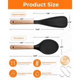 Multifunction Silicone Spatula Spoon 2-Pack Dual-Use-Heat-Resistant 446°F BPA-Free Non-Toxic Cooking for Non-Stick Cookware,Rice Cookers,Wooden Handle Scoop/Serve Meal/Rice Spoon,Scratch-Proof (Black)