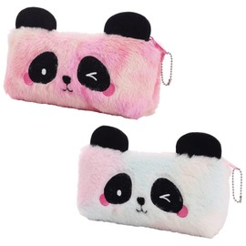 BetterJonny Set of 2 Plush Pencil Cases, Cute Rainbow Pencil Case Cuddly Pencil Case for Girls Plush Pencil Case with Cute Panda Pattern